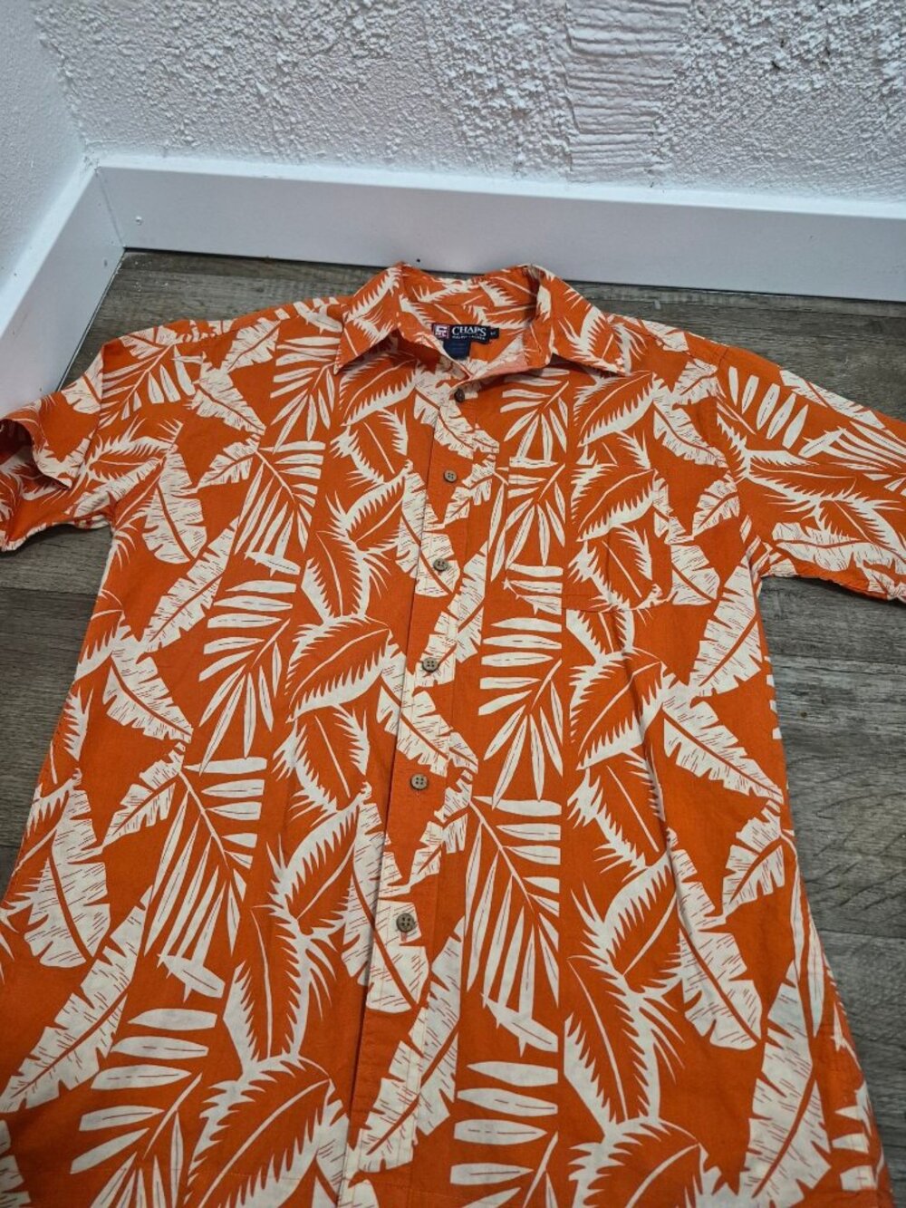 Chaps Ralph Lauren Mens Orange Hawaiian Shirt Palm Leaf Print Cotton Button-Up M